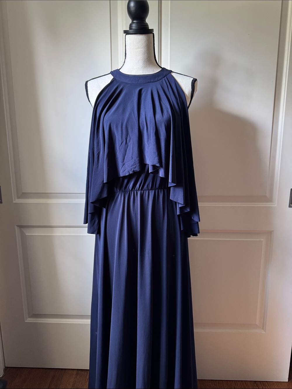 Sleeveless Navy Halter Maxi Dress with Cascade Overlay